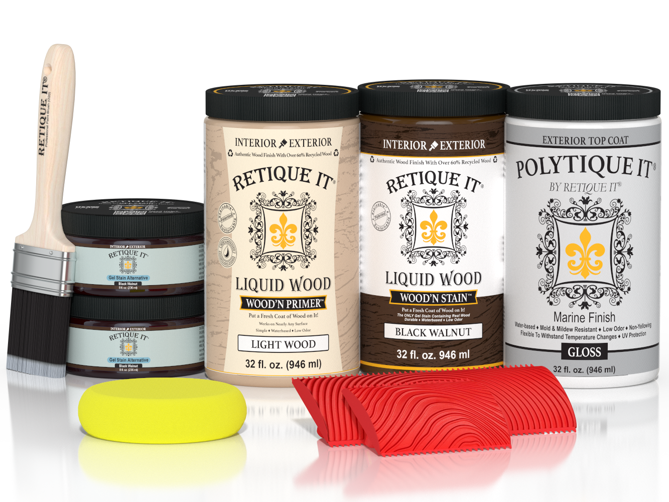 Large Black Walnut Wood'n Finish Kit by Retique It® with gloss exterior top coat and application tools in a compact package.