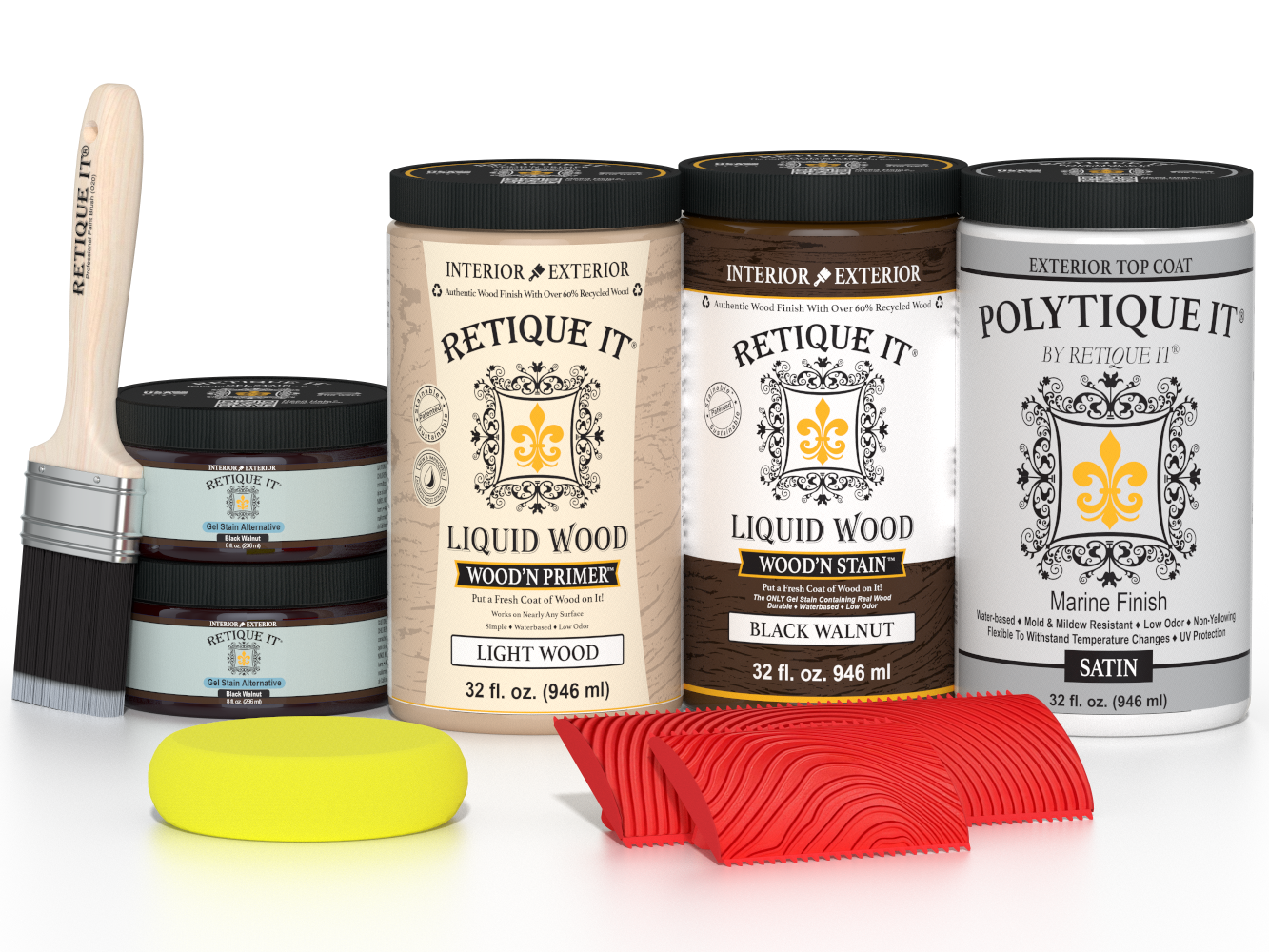 Large Black Walnut Wood'n Finish Kit by Retique It® for exterior wood projects, includes satin top coat and application tools.