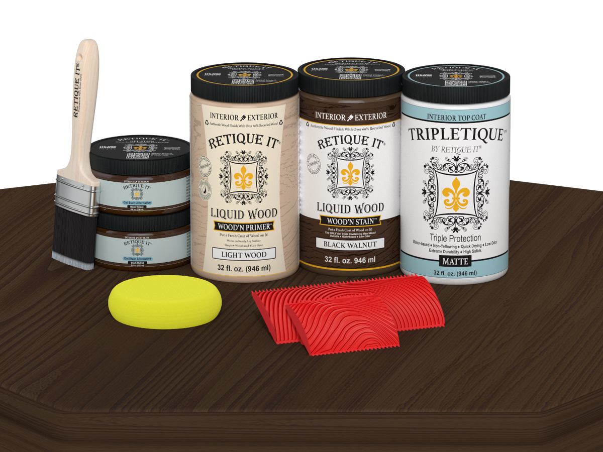 Retique It® Black Walnut countertop kit stain applied to a full kitchen surface, showcasing a matte finish on the countertop.