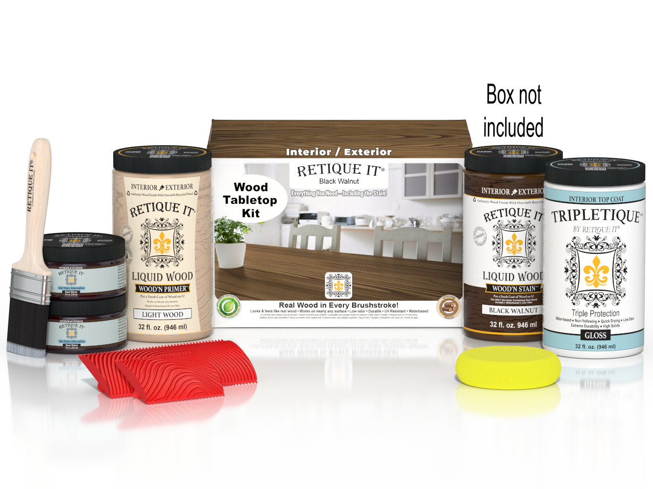 Retique It® Wood'n Finish Kit with four large black walnut stain bottles on a table, showcasing wood stain application.