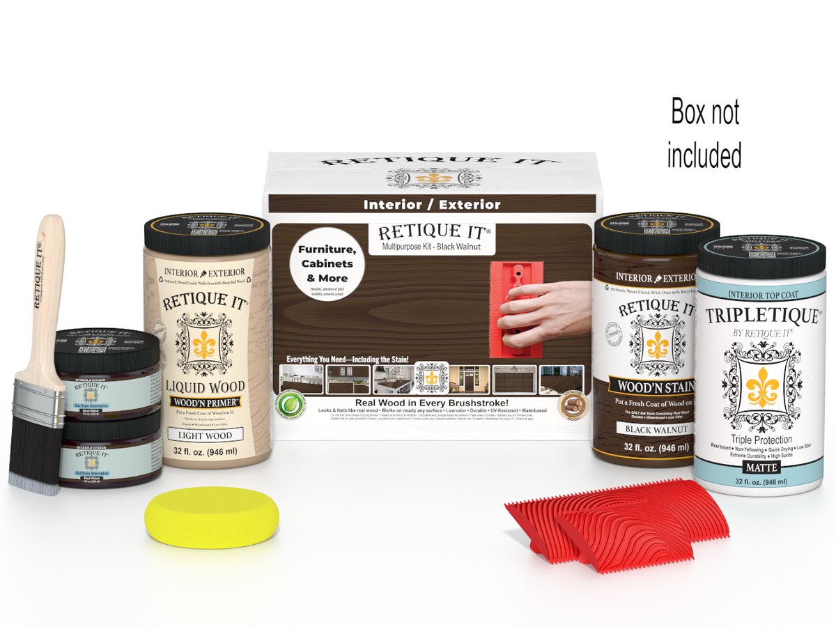 Collection of wood staining products including cans, brushes, and a box on a white background.