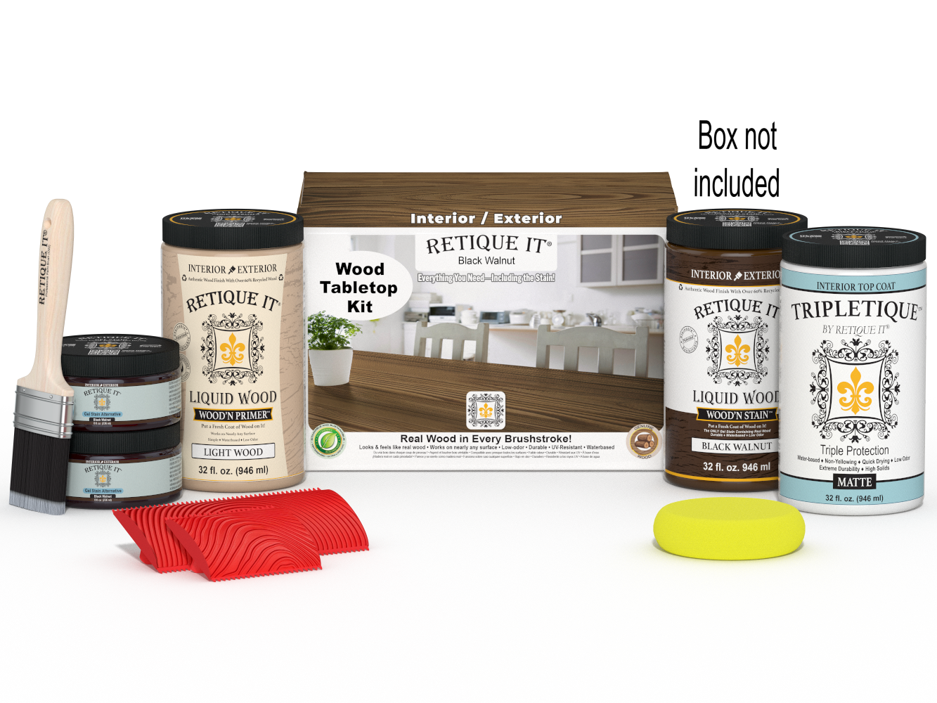 Retique It® Wood'n Finish Kit with four large black walnut stain samples for tabletops, featuring a black walnut wood finish and box.