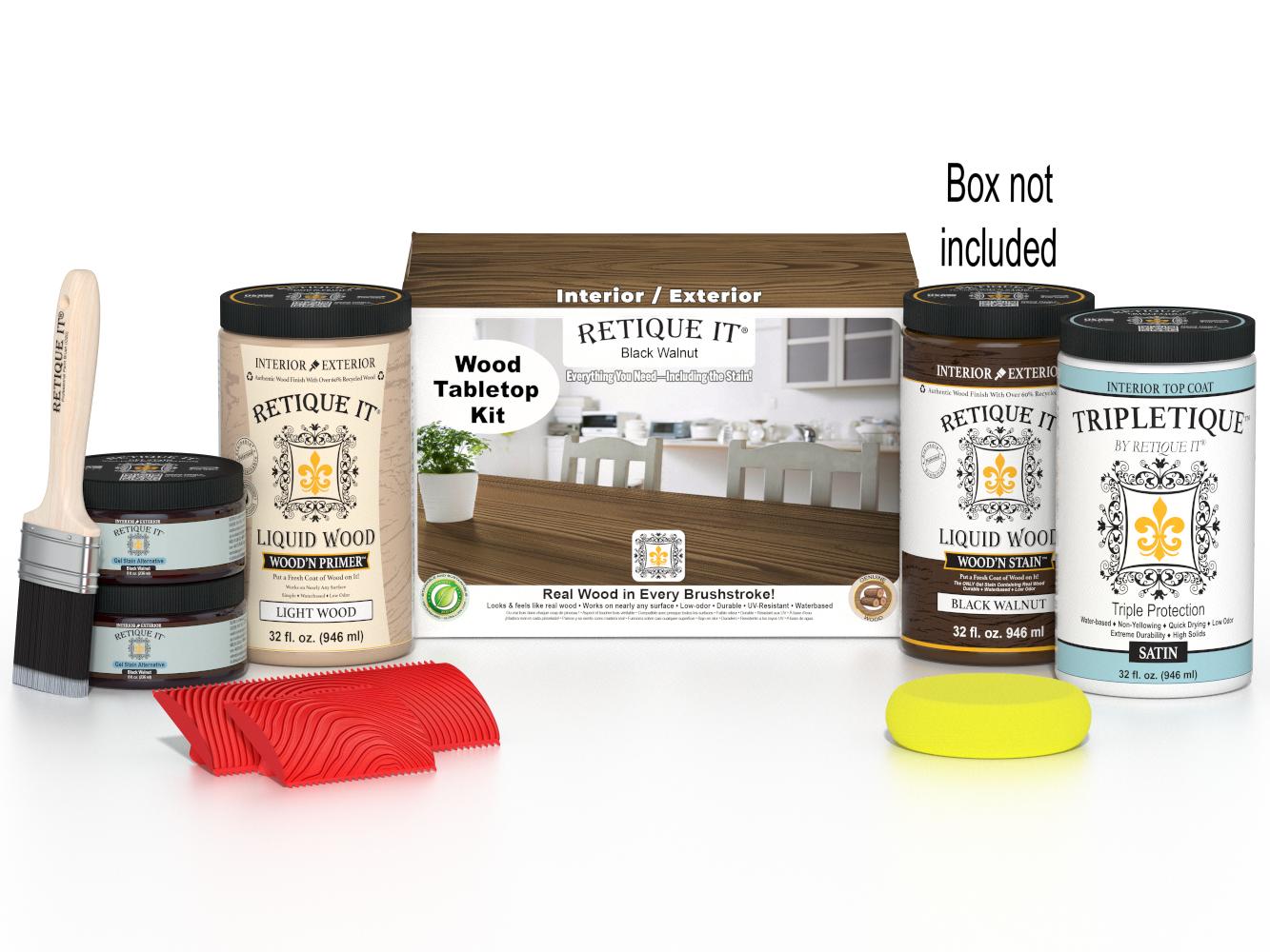 Retique It® Wood'n Finish Kit in black walnut stain, featuring four large stain bottles for tabletop wood finishing.