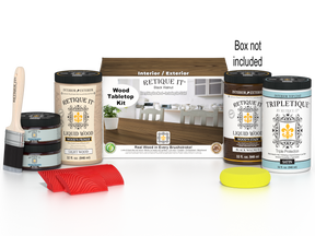 Retique It® Wood'n Finish Kit in black walnut stain, featuring four large stain bottles for tabletop wood finishing.