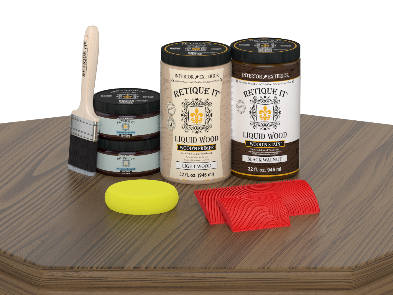 Retique It® Wood'n Finish Kit with four large black walnut stain bottles for wood furniture finishing and restoration.