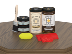 Retique It® Wood'n Finish Kit with four large black walnut stain bottles for wood furniture finishing and restoration.