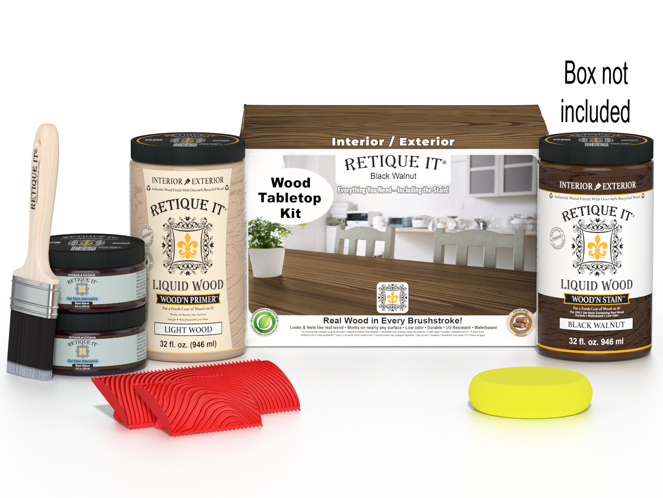 Retique It® Black Walnut Wood'n Finish Kit for tabletops, featuring four large stain bottles in a sleek black walnut finish.