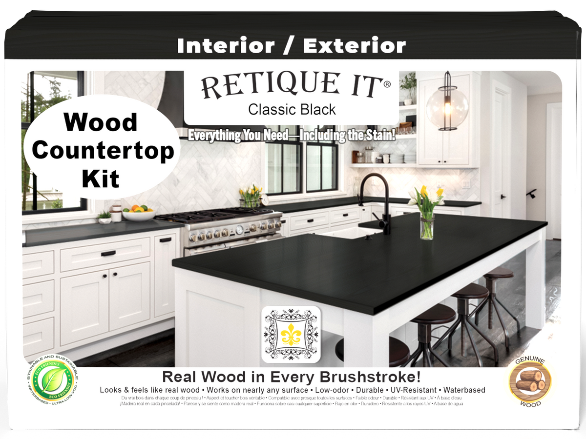 Retique It® full kitchen countertop kit in classic black stain, featuring a sleek black stained surface and finishing details.