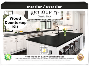 Retique It® Classic Black Wood Countertop Kit packaging with a kitchen scene on the box.