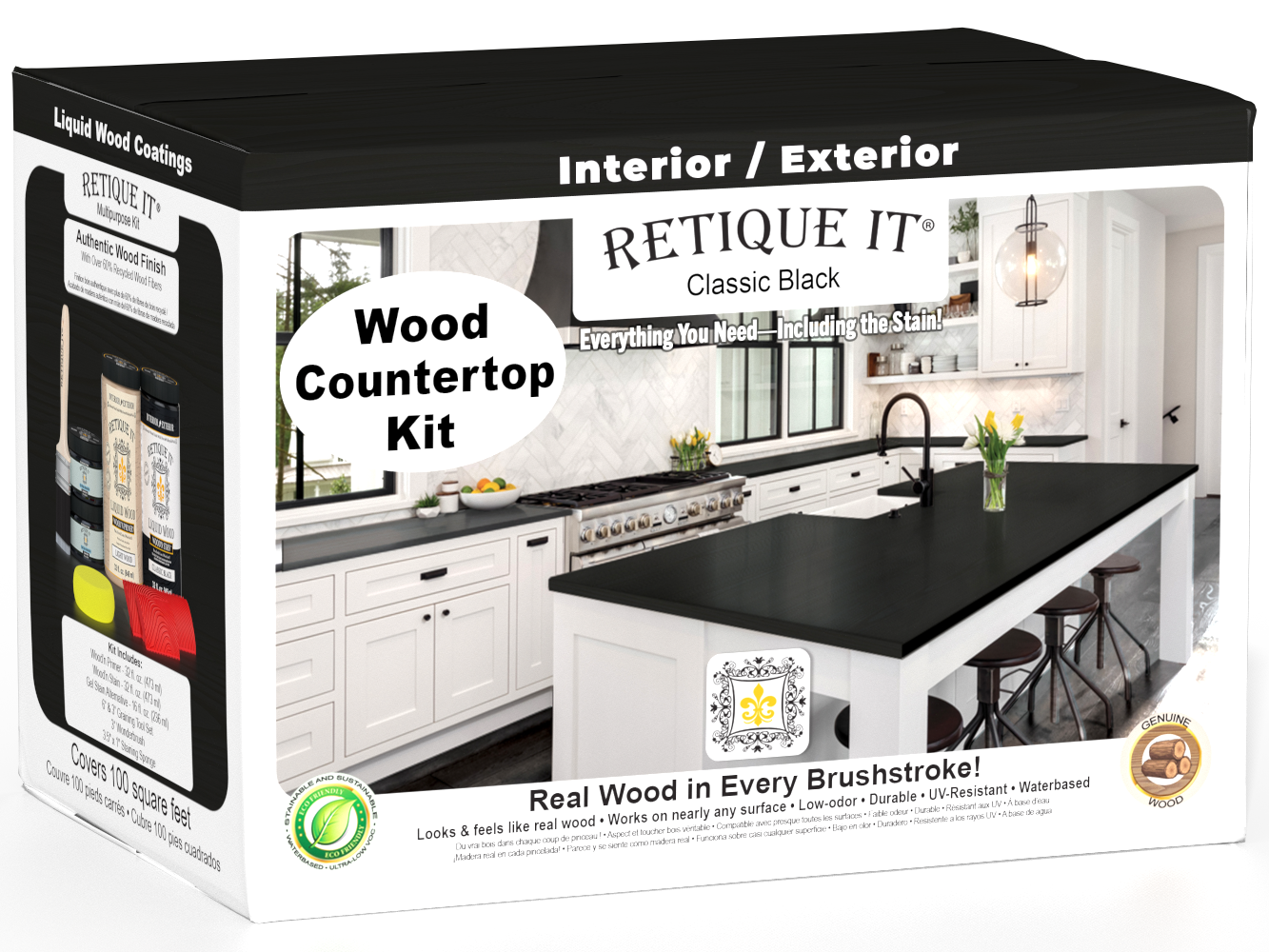 Retique It Classic Black wood countertop kit packaging with a kitchen image on a white background