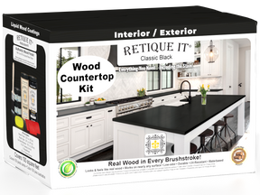 Retique It Classic Black wood countertop kit packaging with a kitchen image on a white background