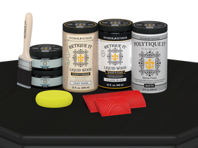 Large Black Wood'n Finish Kit from Retique It with exterior top coat, includes matte wood finish products in a sturdy plate container.