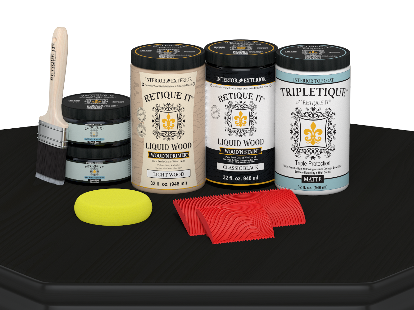 Large Black Wood'n Finish Kit by Retique It® with matte interior top coat and wood finishing tools on a table.