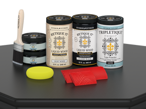 Large black Wood'n Finish Kit by Retique It® with satin interior top coat, includes tools and materials for wood finishing projects.