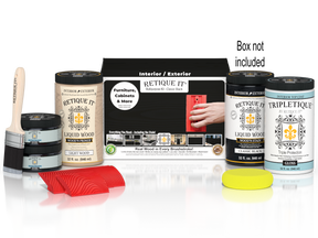 Retique It® Wood'n Kit Large in Classic Black, exterior top coat for wood finishing, shown with box and application tools.