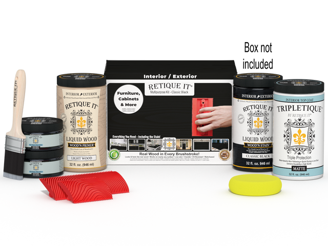 Large Black Wood'n Kit by Retique It with interior top coat, including brushes and finishing tools in a box.