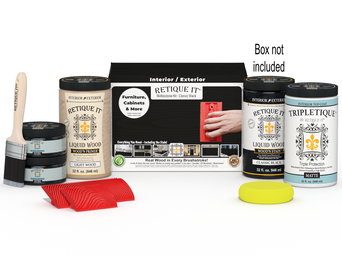 Large black Wood'n Kit by Retique It® for interior wood finishing, includes top coat and tools in a boxed set.