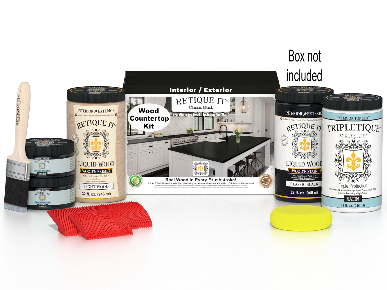 Retique It® full kitchen countertop kit in classic black stain with application tools and packaging visible.