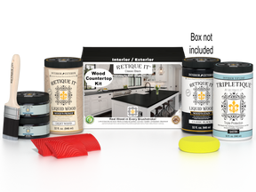 Retique It® full kitchen countertop kit in classic black stain with application tools and packaging visible.