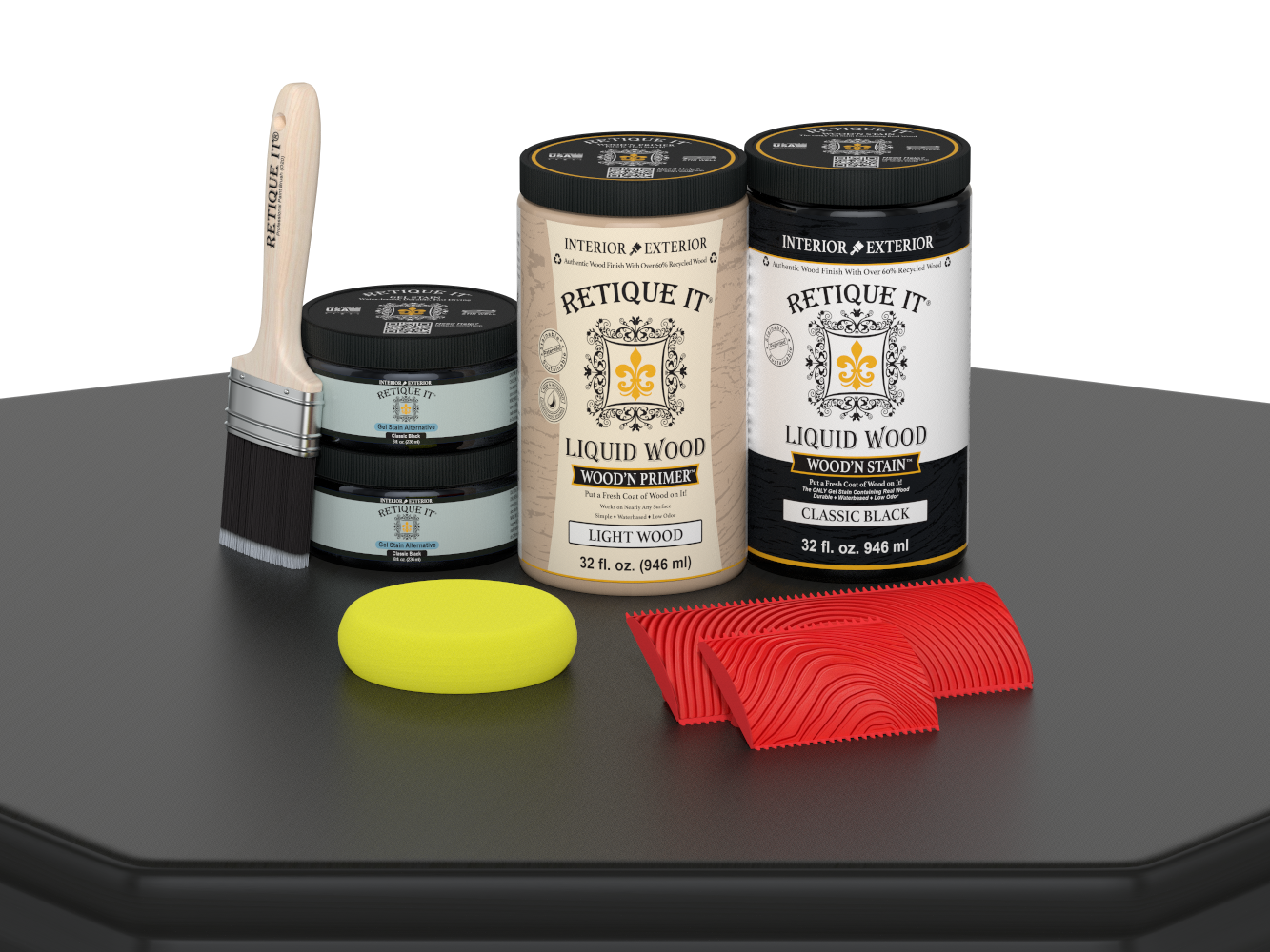 Large Black Wood'n Finish Kit by Retique It® on a table, showcasing multi-purpose wood finishing tools and supplies.