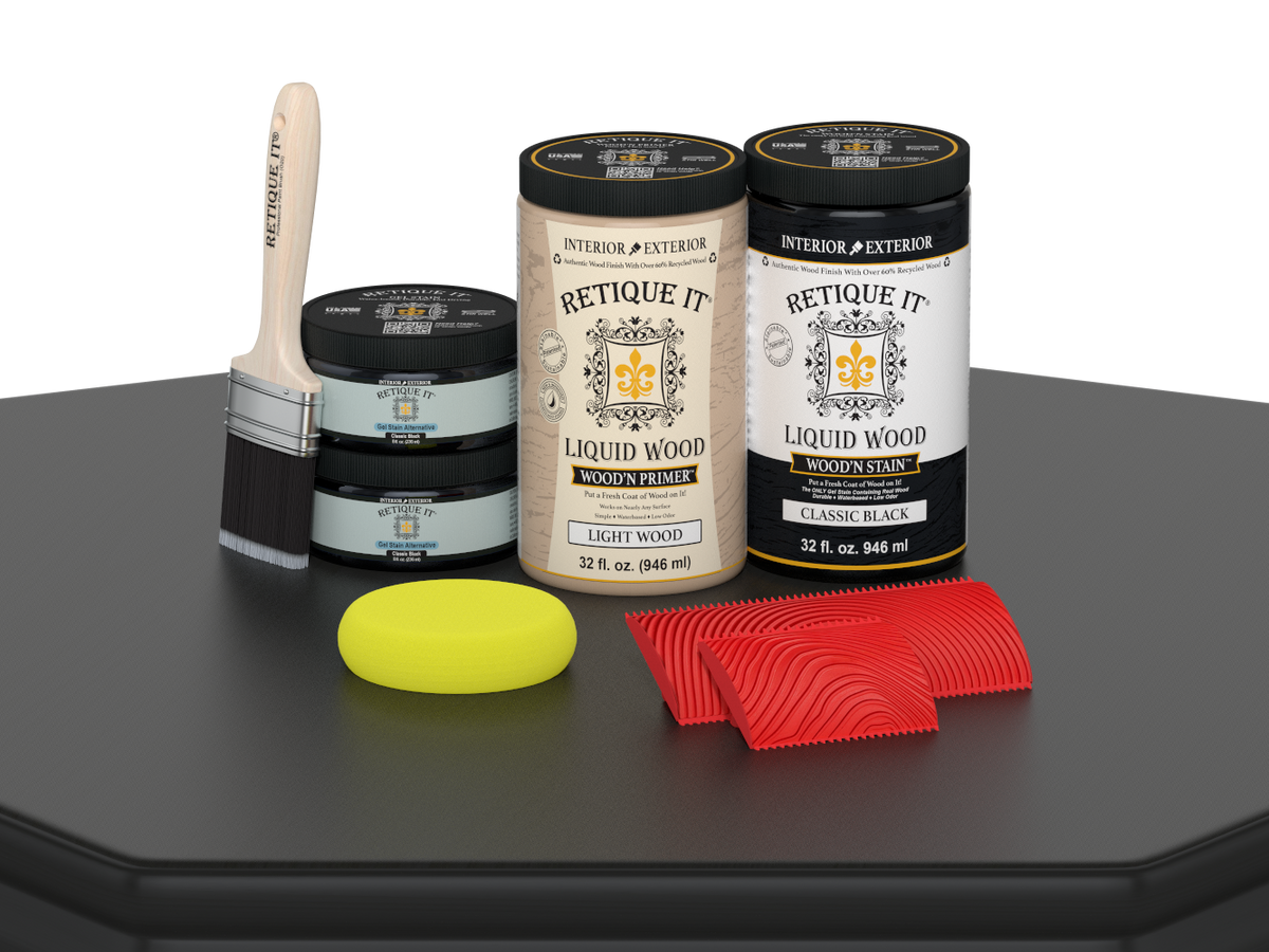 Retique It® Wood'n Cabinet Kit with 12 grained black stained cabinet doors for a classic black wood finish.