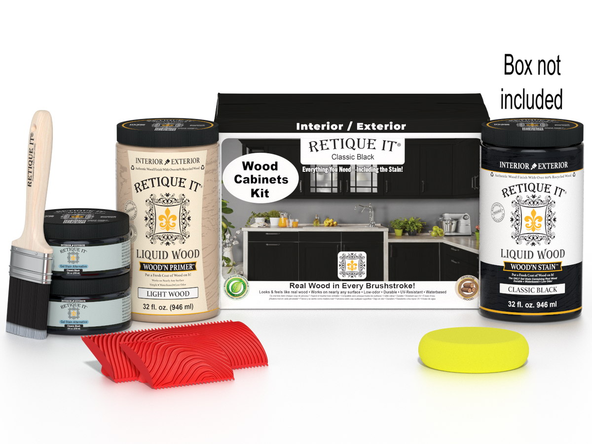 Retique It® Wood'n Cabinet Kit with 12 grained black stained cabinet doors and matching box, showcasing classic black wood finish.