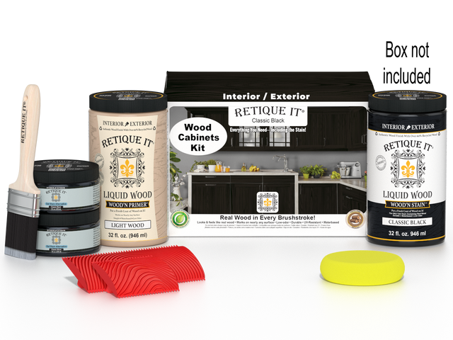 Retique It Wood'n Cabinet Kit with 12 black grained cabinet doors and stain finish, includes box and hardware, for classic kitchen updates.
