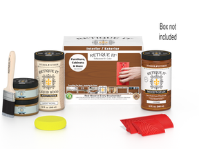 Wood stain kit with bottles, a brush, and packaging on a white background