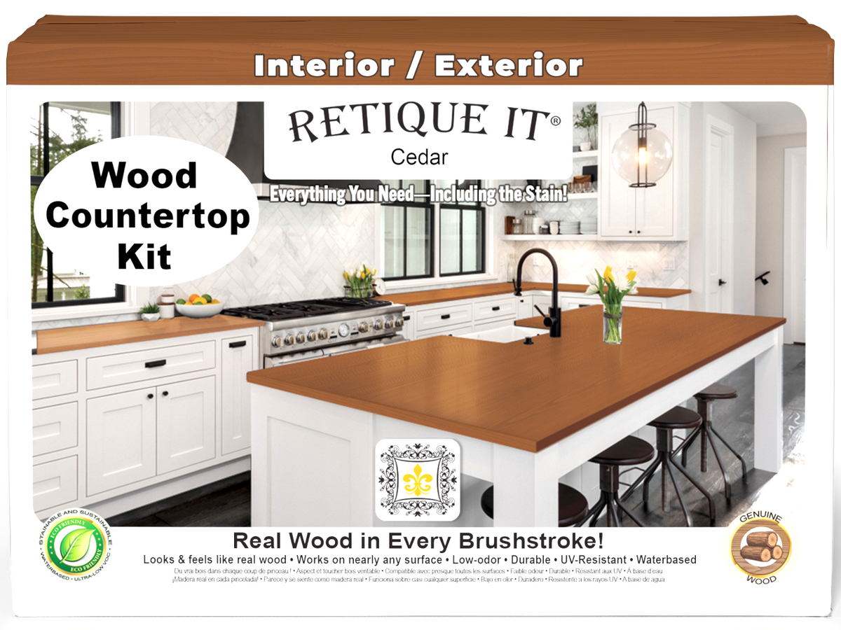 Retique It® Cedar countertop kit for full kitchen, featuring stain options, shown on a modern kitchen countertop.