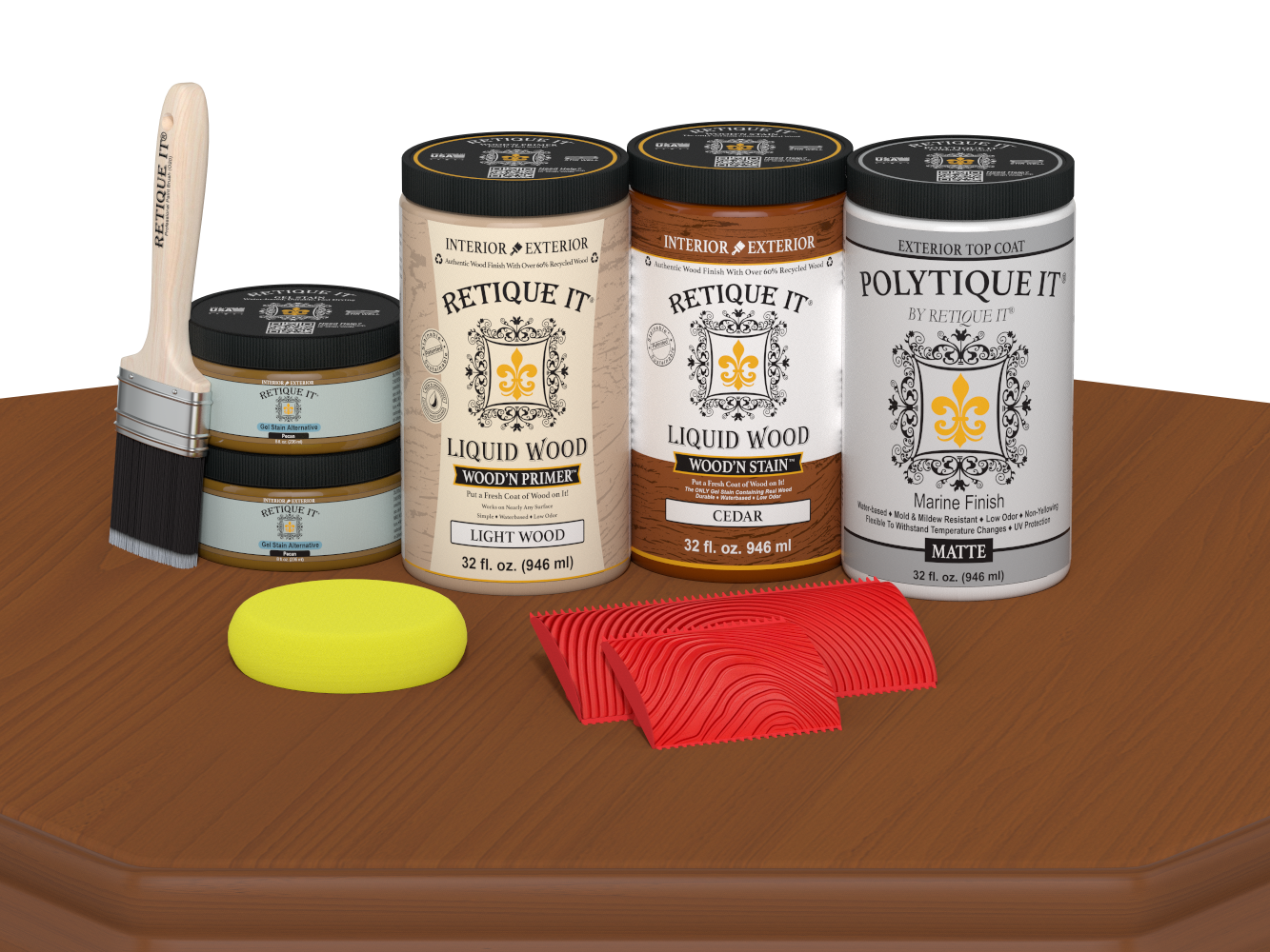 Large Cedar Wood'n Finish Kit by Retique It® for exterior wood projects, includes matte top coat and application tools.