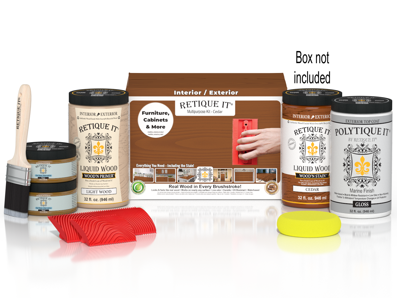 Large Cedar Wood'n Finish Kit by Retique It® with exterior top coat, includes wood finishing tools and supplies in a box.