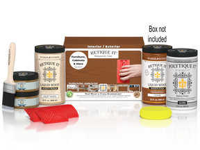 Large Cedar Wood'n Finish Kit by Retique It® with exterior top coat, includes wood finishing tools and supplies in a box.