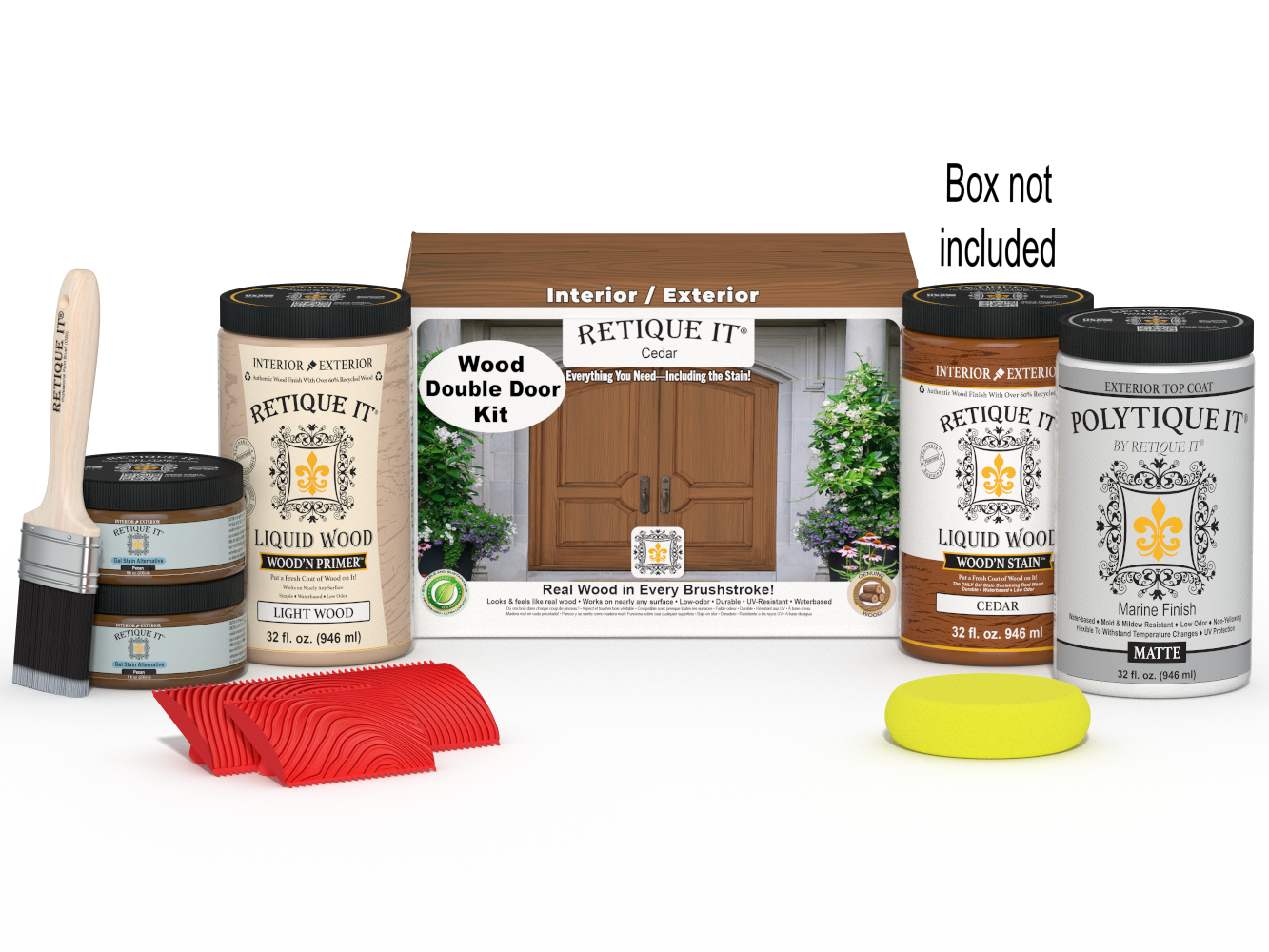 Retique It Wood'n Finish Cedar double front door kit with stain, shown with packaging and hardware for a stylish entrance.
