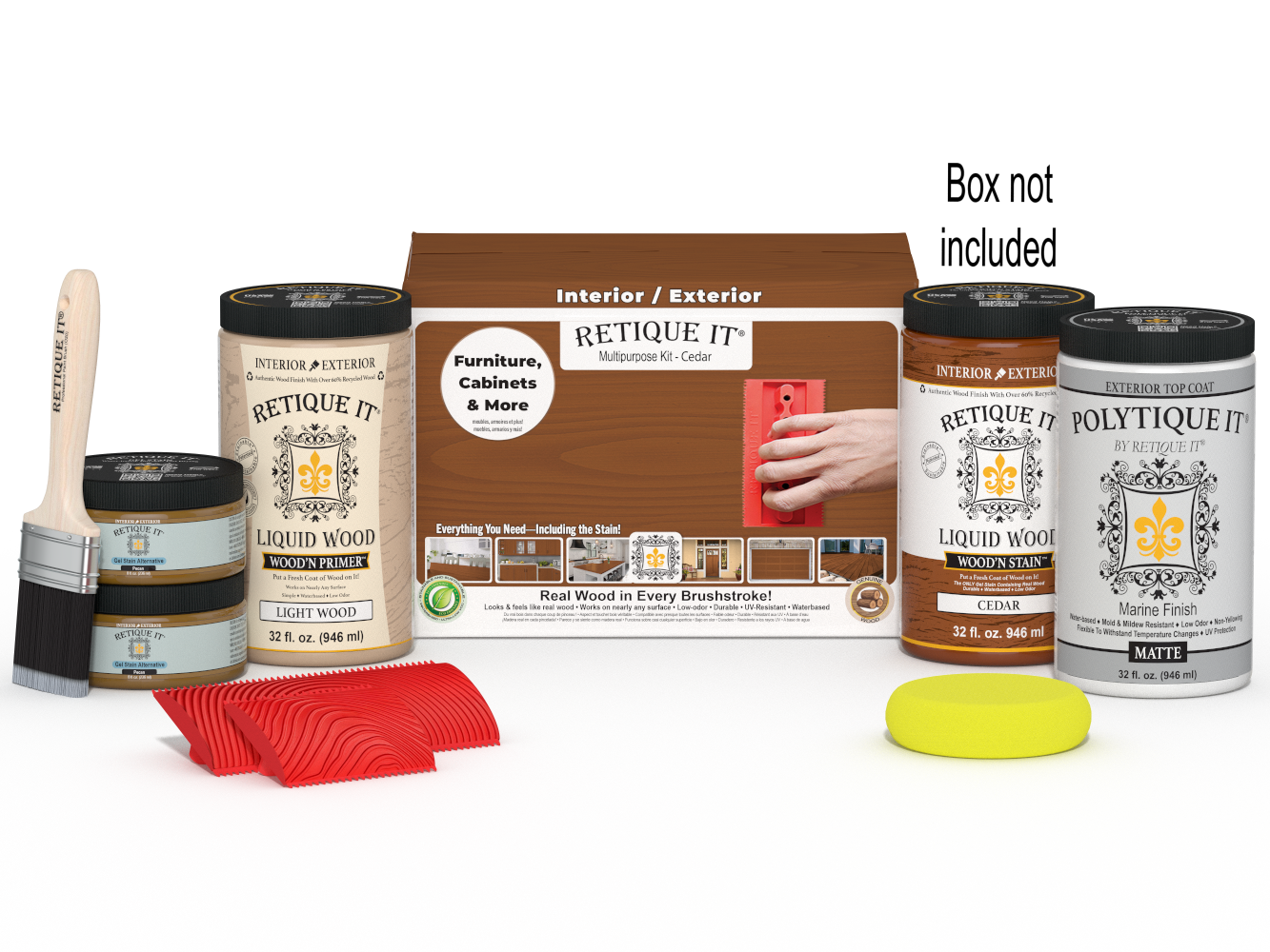 Large Cedar Wood'n Kit by Retique It® with exterior top coat, includes finishing tools and supplies for wood projects.