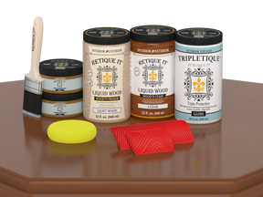 Large Cedar Wood'n Finish Kit by Retique It® for interior top coating, includes multi-purpose wood finish and gloss application on a table.