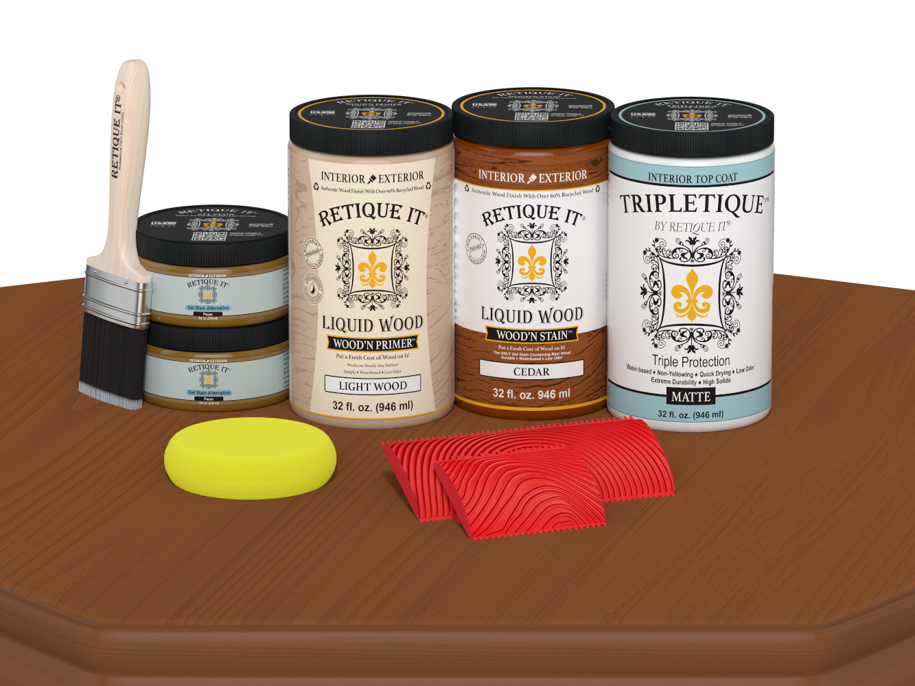 Large Cedar Wood'n Finish Kit by Retique It® for interior wood projects, includes top coat and application tools.