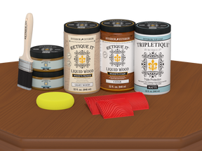 Large Cedar Wood'n Finish Kit by Retique It® for interior top coat, featuring wood samples and application tools in a kit.