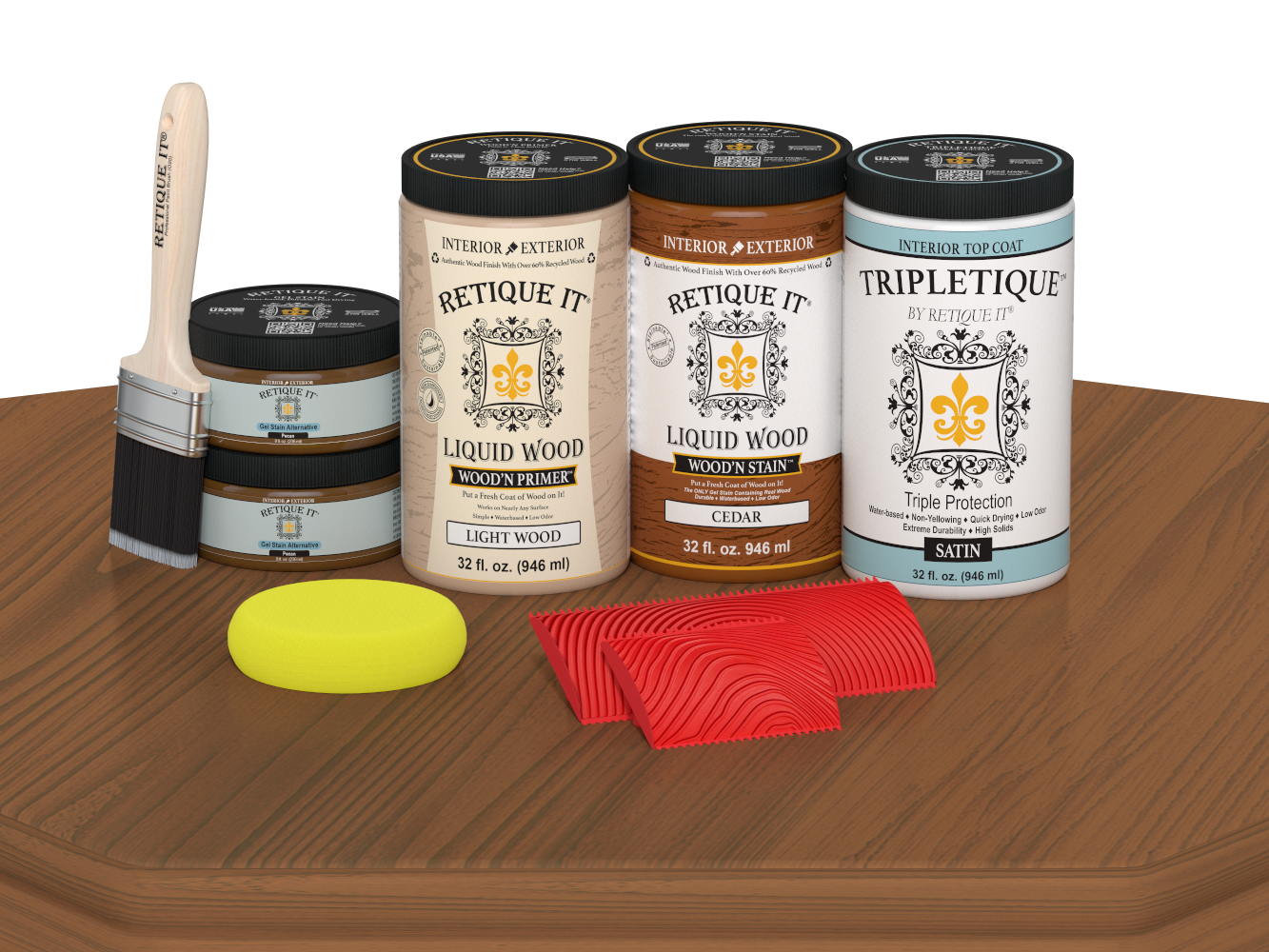 Retique It® Cedar countertop kit with satin stain finish on a kitchen countertop, showcasing the natural wood grain and stain application.