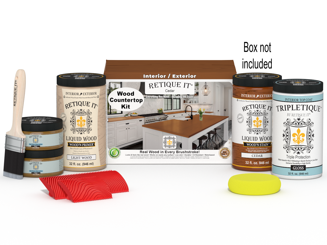 Retique It® Cedar countertop kit with stains, showcasing a full kitchen countertop in natural wood finish.