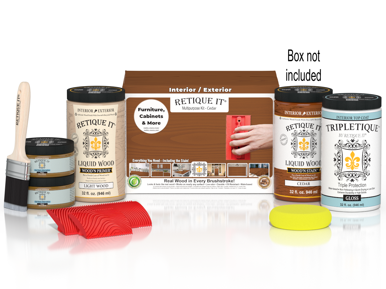 Large Cedar Wood'n Finish Kit by Retique It® for interior top coating, includes wood finish products and application tools.