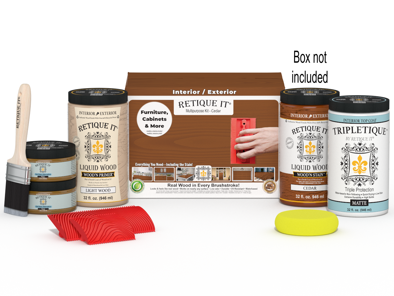 Large Cedar Wood'n Finish Kit by Retique It® for interior top coating, includes application tools and wood stain products.