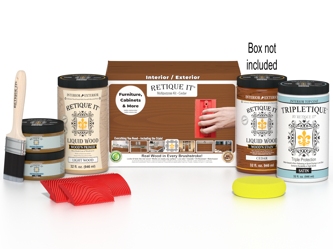 Large Cedar Wood'n Finish Kit by Retique It® for interior wood projects, includes top coat and application tools.