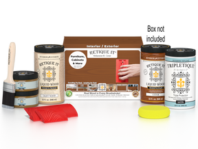 Large Cedar Wood'n Finish Kit by Retique It® for interior wood projects, includes top coat and application tools.
