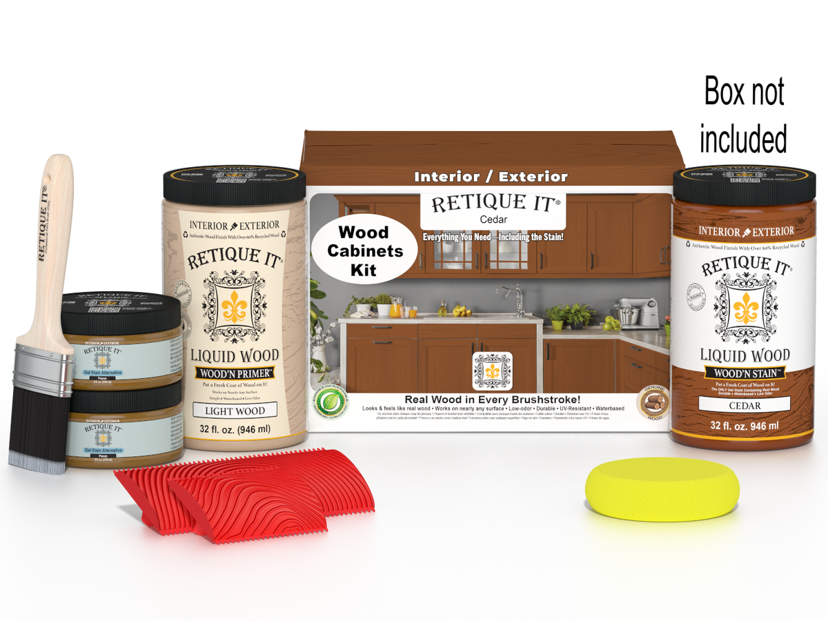 Retique It® Wood'n Cabinet Kit with 12 cedar grained cabinet door stains, featuring natural wood grain and stain details.