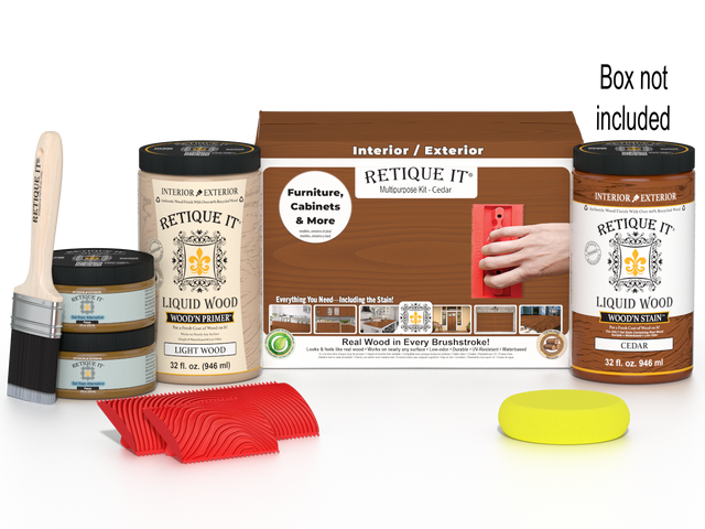 Large Cedar Wood'n Finish Kit by Retique It, multi-purpose wood finishing set with wood stain and tools, in a box.