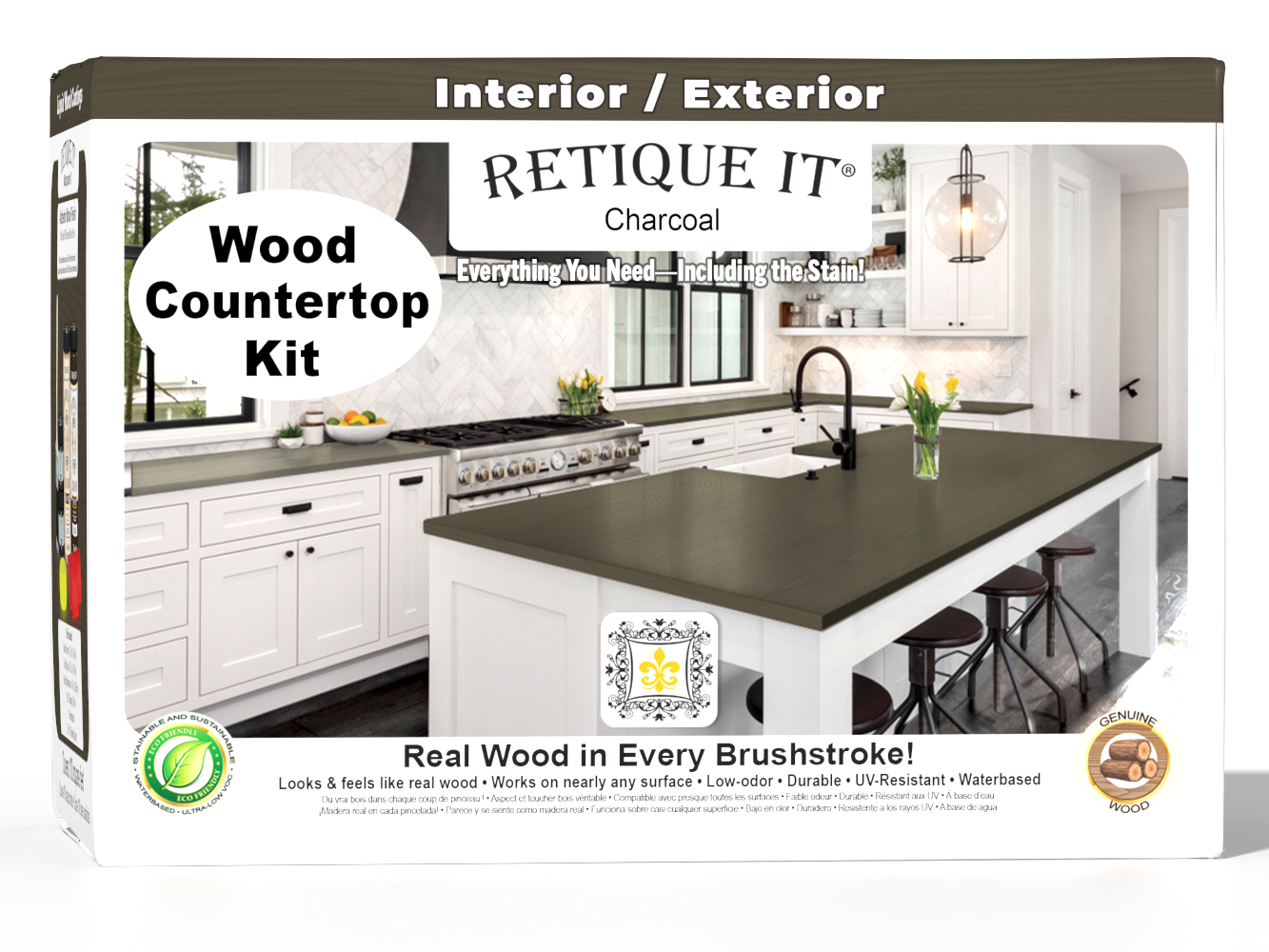 Retique It® charcoal countertop kit for full kitchen renovation, featuring stain application and countertop finishing.