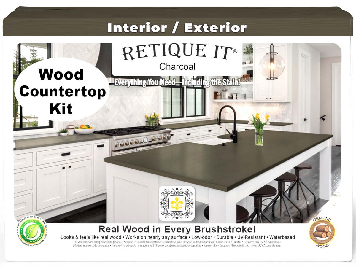 Retique It® charcoal countertop kit for full kitchen renovation, featuring stain application on a modern kitchen surface.