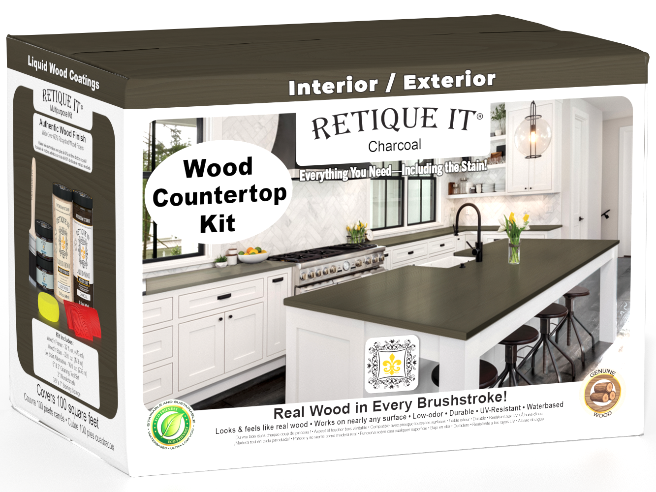 Retique It® charcoal countertop kit for full kitchen countertops with stain application, shown on a modern kitchen surface.