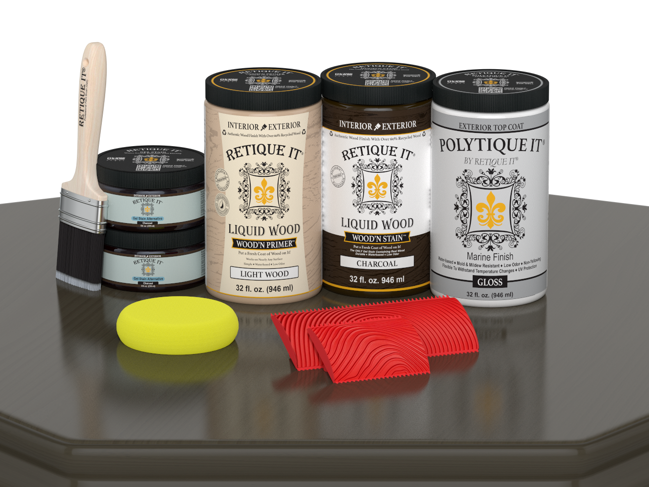 Large Charcoal Wood'n Finish Kit by Retique It® for exterior wood projects, includes gloss top coat with wood finish products.