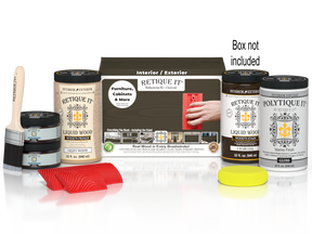 Large Charcoal Wood'n Finish Kit by Retique It® for exterior wood projects, includes top coat and application tools.